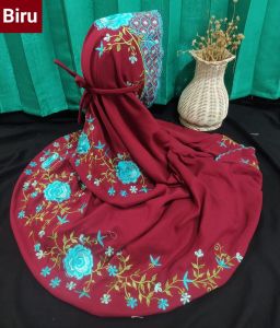 (COD) Mukena Terusan Dewasa Polino Kain Dasar Marun Motif Bordir Bunga Anggrek Indah Cantik