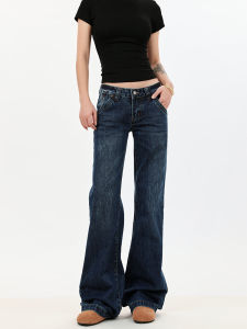 กางเกงยีนส์ทรงหลวมเอวต่ำสีน้ำเงินเข้มสไตล์ย้อนยุค สไตล์อเมริกัน กางเกงขายาวทรงตรงสำหรับผู้หญิง ฤดูใบไม้ผลิและฤดูใบไม้ร่วง