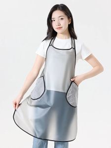 TPU Waterproof Oil-proof Transparent Hanging Neck Apron With Large Hand Towel Pocket For Kitchen Restaurant Women