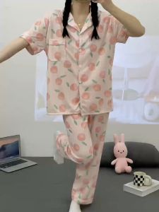 Y&L Fashion #B001 2024 New Arrival Cardigan Polyester Peach Printed Short Sleeve Pajama Home Suit