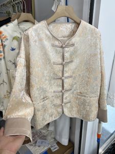 New Chinese Style Womens Jacket with Button Embellishment Loose Fit Floral Embroidery Champagne Color Spring Autumn Outerwear