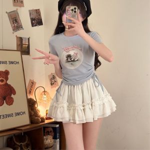 Sweet Style Coconut Milk Candy Print Set White Fluffy Short Skirt And Slim Fit Printed Top Two Piece Set Polyester Fiber