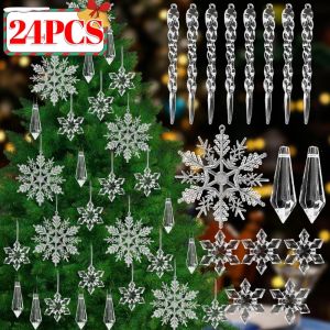 24PCS Transparent Acrylic Christmas Snowflake Icicle Pendant Winter Simulation Star Snowflake Icicle Christmas Tree Hanging Ornaments Christmas Home Decoration