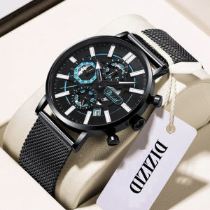 Đồng hồ nam chống nước DIZIZID chính hãng dây thép lụa đen chạy Full 6kim và lịch ngày - Thiết kế mặt động đáo phối màu thời thượng - Tặng kèm pin dự phòng và dây da trị giá 250k