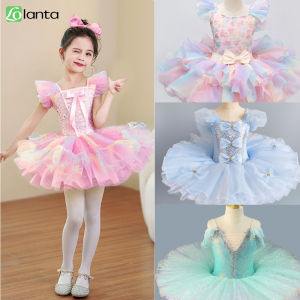 LOlanta ชุดบัลเล่ต์เด็กหญิงชุด ROK Kasa Tutu พร้อมผ้าโพกศีรษะ4-13ปีเดรสแต่งเลื่อมการแสดงระดับมืออาชีพทะเลสาบหงส์น้อย