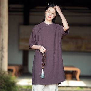 Monastic Style Chinese Tang Suit Womens Long Sleeve Button up Top Buddhist Zen Fashion Mid-Length Side Buttoned Blouse