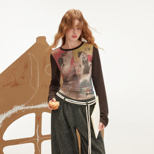 Unifree | High Quality American Print Long Sleeve T-Shirt Splicing Color Contrast Soft Finish