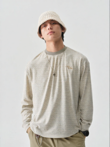 Cotton Soft Retro Stripe Pullover Loose Casual Round Neck Long Sleeve T-Shirt