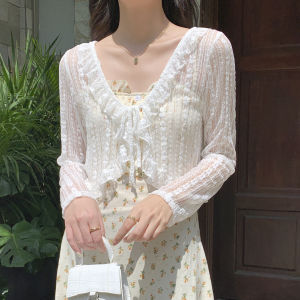 2024 Korea Lolita Summer Cardigan Sunscreen Loose Lace Coat Women Casual Simple Fashion Long Sleeves Short Shirt Versatile Slim Fit