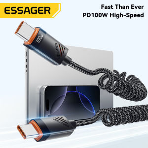 Essager PD 100W 60W Type-C C-C Spring Expansion Fast Change Cable E-Marker Type C Fast Charging 100W Mobile Phone Data Cord For iPhone16 15 Xiaomi15 Samsung Huawei Mate70 Cell Phone Laptop Tablet Macbook iPad C-C Spring Expansion Data Cables
