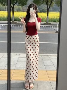 CHANGTONG | Resort Style Red Polka Dot Crop Top and Wrap Skirt Set