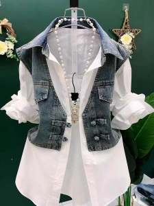 Fashionable Polo Collar Button up Shirt Denim Patchwork False Two-Piece Set Womens Style Korean Loose Fit Long Sleeve UV Protection