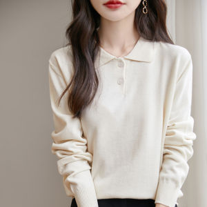 100% Pure Cotton Polo Neck Long Sleeve Womens Base Layer Knitted Shirt Comfortable Full Cotton Turn-down Collar Top