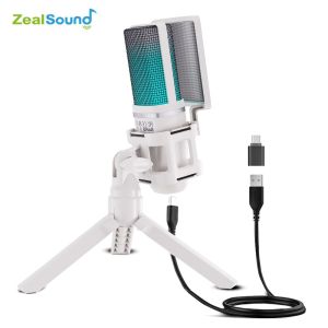 Zealsound USB Condenser Ghi Âm Microphone Trắng RGB Streaming Mic Cho PC Và Mac Với Android Điện Thoại Adapter Headphone Đầu Ra