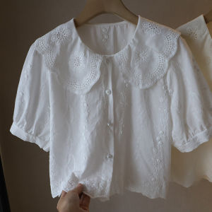 เสื้อเชิ้ตแขนสั้นผู้หญิงสไตล์เกาหลีหรูหราปักลายผ้าฝ้ายลูกไม้สไตล์ฝรั่งเศสฤดูร้อนปี 2025 กระโปรงสั้นฤดูร้อน