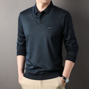 ROMON | Lormen Mens Knitted Sweater Casual Business Dad Shirt Collar Base Layer Fake Two-Piece Winter Fashion Urban Style Long Sleeve Slim Fit
