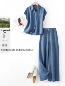 LIANGYILAILIN | Summer New Short Sleeve Outfit Womens Tencel-like Shirt and Jeans Two-piece Set