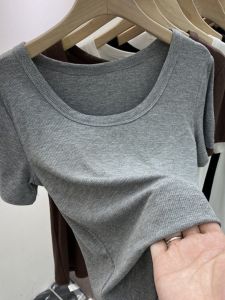Slimming Effect Grey Cotton Knitted Short Sleeve U-Neck Base Shirt Womens plus Size Elastic Meat Concealing Top Half Sleeve