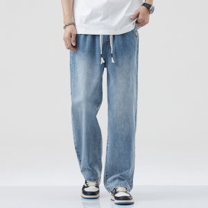 Summer Thin Luxurious Lyocell Jeans Mens Lightweight Breathable Loose Straight Casual High Waist Long Pants Straight Leg