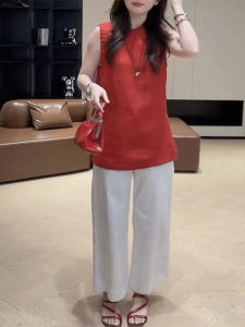 Shalldoer | Summer Casual High Waist Sleeveless Womens Set New Chinese Style Buttoned Split Two-Piece Outfit Round Neck Nine-Piece Pants