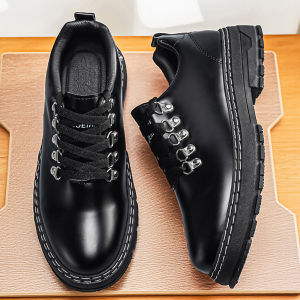 Mens Black Leather Casual Shoes Non-slip Platform Lace-up Dress Shoes for Daily & Outdoor
