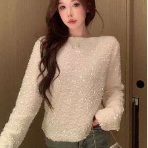 GUZILIAN | Elegant Glitter V-Neck Long-Sleeve Knitwear