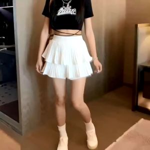 Plus Size S-6XL Mini Pleated Skirt Double Layer Cake Skirt Elastic Waist Cute Sweet Safety Shorts