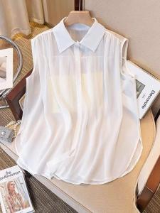 NUANKONG | French Style Slimming Plus Size Polo Collar Sleeveless Summer New Blouse Chiffon