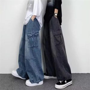 Spring & Autumn Vintage Wide Leg Big Pocket Overalls Men Y2K Neutral Loose Straight Leg Casual High Street Hip Hop Jeans