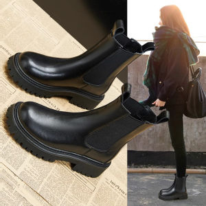 Leather Martin Boots Womens 2024 New Arrival Autumn and Winter Fleece-lined Chelsea Boots Thick Sole Womens Shoes Internet Celebrity Smoke Pipe Ankle Boots