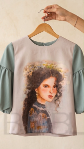 BCBL Casual Womens Blouse Crepe Lantern Sleeve Round Neck Digital Print Casual Wear Light Blue ARIELLA