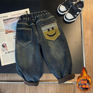 Thickened Fleece Boys Denim Jeans Autumn Winter New Style Baby Clothes Integrated Fleece Thickened Denim Jeans Trendy
