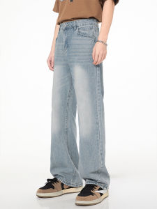 กางเกงยีนส์ทรงหลวมสไตล์อเมริกันสำหรับผู้ชาย สีน้ำเงินอ่อน กางเกงขายาวทรงตรง ทรงหลวม กางเกงยีนส์ทรงตรงสำหรับใส่ไปทำงาน