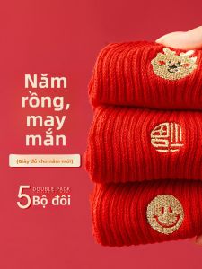 JINGCHI | Tất cotton thêu mùa thu đông cho cặp đôi đế chống mùi cao đến giữa bắp chân màu đỏ cho năm rồng