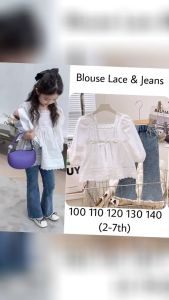 SETELAN ANAK PEREMPUAN KOREAN STYLE BLOUSE LENGAN PANJANG KATUN LACE CELANA PANJANG DENIM JEANS