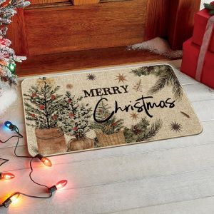 VIKAMA Red Plaid Truck Christmas Door MatWonderful Time Print Welcome Rug Non Slip For Entryway Indoor Outdoor Decor