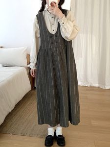 JOENG Retro Striped Linen Double Buttoned Layering Sleeveless Vest Dress Heavy Weighted Strap Dress Autumn Winter Womens Dress