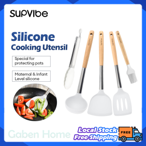 SUPVIBE Silicone Cooking Utensil Wood Handle Stainless Steel Cooking Spatula Spoon Soup Ladle Kitchen Cookware