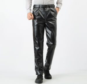 Leather Pants Mens Fleece-lined Thickened Motorcycle Abrasion Resistant High Waist Cold-Proof Heattech Waterproof Oil-Proof Fall and Winter Takeaway Work Pants