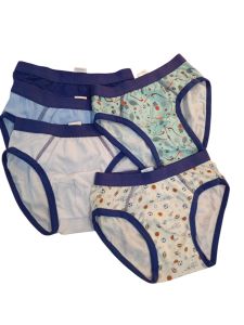 AVON Caleb 5-in-1 pre teens Hipster brief pack. Navy blue light blue white green with patterns and beige with designs. Suitable for sleep and lounge wear.
