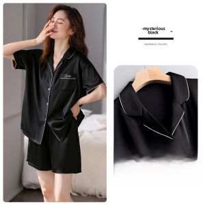 Carlefen Womens Summer Silk Sleepwear Set Short Sleeve Ice Silk Shorts button-trimmed Casual Home Clothes