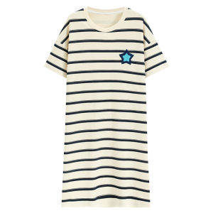 MiiOW | Pure Cotton Summer Sleepwear Womens Dress Short Sleeve Outfit Casual Home Leisure Floral Print Round Neck Midi Dress