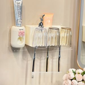 Wall-Mounted Toothbrush Holder Electric Toothpaste Rack No-Punching Toothbrush Cup Storage Shelf Bathroom Organizer for Home Use