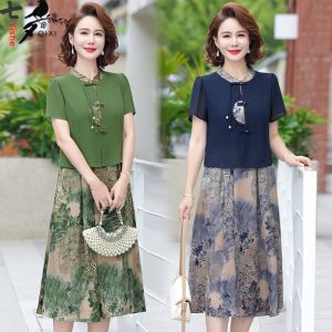 Elegant Mom Summer Fashion Chiffon Qipao Dress Tummy Covering Middle-Aged And Elderly Womens Clothing Slimming Style