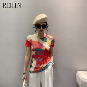 REHIN New Summer fashion mesh printed floral short-sleeved round-neck T-shirt slim-fit S-3XL trendy top elegant women blouse