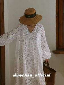 Elegant French Romantic Countryside Floral Embroidery Hollow out Vintage White Beach Vacation Style Dress Womens H-Line Long Skirt