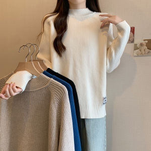 Cỡ Lớn Nữ Màu Nguyên Chất Cao Cổ Áo Tay Dài Đồ Len Phong Cách Lười Biếng Đa Năng Áo Mùa Xuân Mùa Thu Mùa Đông Hàng Mới Về