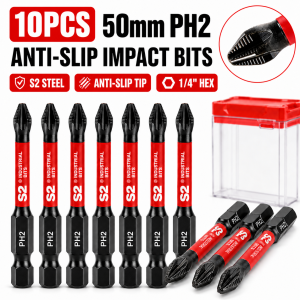 10/20PCS 50mm PH2 Anti-Slip Impact Screwdriver Bits Set S2 Steel Magnetic Phillips Power Drill Bits 1/4 Inch Hex Shank with Storage Case for Home DIY Furniture Repair