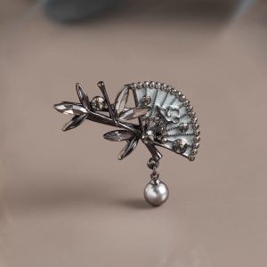 ปิ่นปักผมพัดลมไม้ไผ่คริสตัลมุกสวยหรูกิ๊บหนีบผมหน้าม้าของผู้หญิงคลิปหนีบปากเป็ดอัลลอยแฟชั่นสไตล์สมัยโบราณเครื่องประดับผม