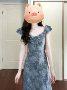 BeautyMark | ชุดเดรสยาวแขนกุดลายดอกไม้สีฟ้าสไตล์ฝรั่งเศส ชุดเดรสฤดูร้อนสำหรับผู้หญิง ชุดเดรสยาวเอวสูง แขนกุด คอวี ผ้าโพลีเอสเตอร์ ชุดเดรสยาวเอวสูง